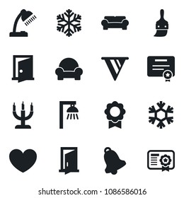Set of vector isolated black icon - heart vector, themes, bell, sertificate, desk lamp, cushioned furniture, candle, snowflake, outdoor, door, pennon, certificate
