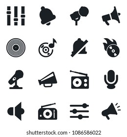 Set of vector isolated black icon - vinyl vector, flame disk, microphone, radio, speaker, loudspeaker, settings, tuning, bell, mute, music, advertising