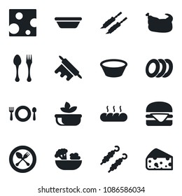 Set of vector isolated black icon - spoon and fork vector, cafe, salad, plates, bread, chicken, kebab, hamburger, bowl, rolling pin, cheese