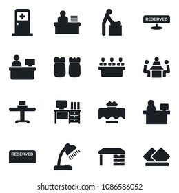 Set of vector isolated black icon - baby room vector, medical, desk, manager place, lamp, meeting, restaurant table, reserved, salt and pepper, serviette