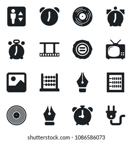 Set of vector isolated black icon - elevator vector, alarm clock, stamp, film frame, vinyl, gallery, abacus, ink pen, tv, power plug