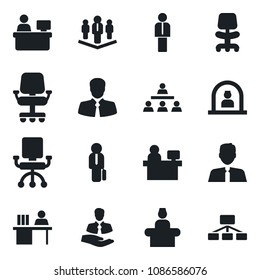 Set of vector isolated black icon - reception vector, manager, office chair, place, client, desk, hierarchy, company, estate agent