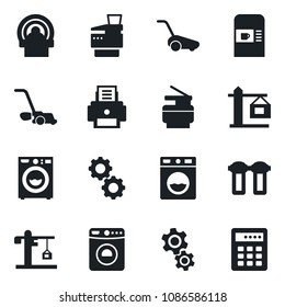 Set of vector isolated black icon - coffee machine vector, washer, lawn mower, tomography, printer, copier, crane, gear, water filter, combination lock