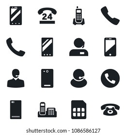 Set of vector isolated black icon - phone vector, mobile, office, 24 hours, support, cell, back, call, sim