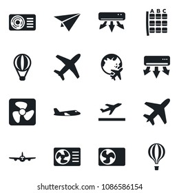 Set of vector isolated black icon - plane vector, departure, seat map, globe, air conditioner, fan, paper, balloon