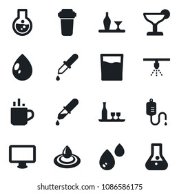 Set of vector isolated black icon - hot cup vector, water drop, dropper, monitor, alcohol, drink, cocktail, filter, sprinkler, flask