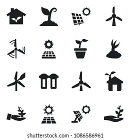 Set of vector isolated black icon - seedling vector, sproute, sun panel, windmill, eco house, water filter, palm