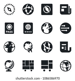 Set of vector isolated black icon - passport vector, globe, plane, earth, consolidated cargo, news, network, compass