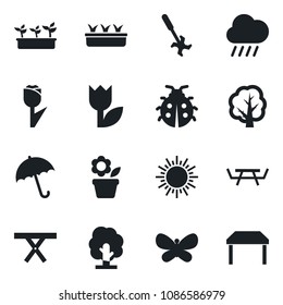 Set of vector isolated black icon - umbrella vector, sun, flower in pot, tree, butterfly, lady bug, seedling, rain, picnic table, ripper, tulip