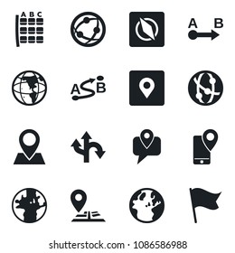 Set of vector isolated black icon - seat map vector, route, navigation, earth, pin, mobile tracking, network, place tag, compass, flag