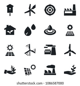 Set of vector isolated black icon - factory vector, bird house, target, sun panel, windmill, eco, water, palm sprout 