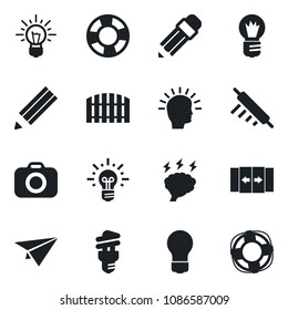 Set of vector isolated black icon - automatic door vector, brainstorm, bulb, camera, pencil, fence, rolling pin, energy saving, shining head, idea, paper plane, crisis management