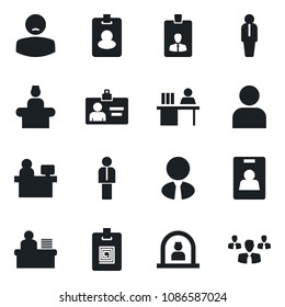 Set of vector isolated black icon - reception vector, manager, identity card, place, patient, user, desk, estate agent, pass, group