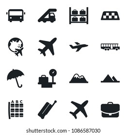 Set of vector isolated black icon - plane vector, taxi, suitcase, airport bus, umbrella, ladder car, seat map, luggage storage, scales, globe, mountains, case