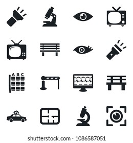 Set of vector isolated black icon - barrier vector, tv, alarm car, seat map, bench, monitor pulse, microscope, eye, torch, plan, scan