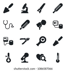Set of vector isolated black icon - trowel vector, pruner, saw, stethoscope, blood pressure, thermometer, heart diagnostic, microscope, microphone