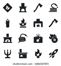 Set of vector isolated black icon - bomb in case vector, fire, hose, axe, fireplace, flammable, flame disk, candle, rocket