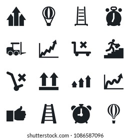 Set of vector isolated black icon - alarm clock vector, fork loader, ladder, up side sign, no trolley, finger, career, arrow graph, growth, air balloon