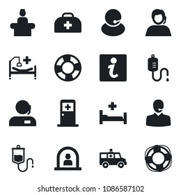 Set of vector isolated black icon - reception vector, medical room, doctor case, dropper, ambulance car, hospital bed, support, information, crisis management