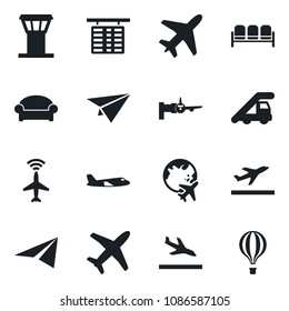 Set of vector isolated black icon - plane vector, airport tower, radar, departure, arrival, waiting area, ladder car, boarding, flight table, globe, paper, air balloon