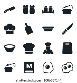 Set of vector isolated black icon - cook vector, hat, menu, salt and pepper, bowl, cutting board, knife, steaming pan, omelette