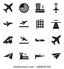 Set of vector isolated black icon - plane vector, runway, radar, departure, arrival, ladder car, boarding, seat map, airport building, paper