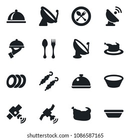 Set of vector isolated black icon - satellite antenna vector, spoon and fork, dish, plates, waiter, chicken, kebab, bowl