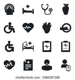 Set of vector isolated black icon - disabled vector, heart pulse, diagnosis, stethoscope, tomography, hospital bed, real, clipboard, patient