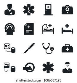 Set of vector isolated black icon - medical room vector, doctor case, diagnosis, stethoscope, blood pressure, scalpel, tomography, ambulance star, hospital bed