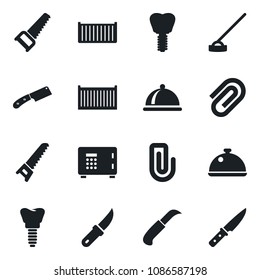 Set of vector isolated black icon - safe vector, saw, hoe, garden knife, implant, cargo container, paper clip, dish