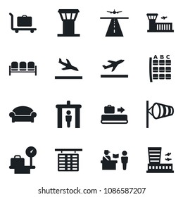 Set of vector isolated black icon - airport tower vector, runway, departure, arrival, baggage conveyor, trolley, passport control, security gate, waiting area, wind, seat map, flight table, building