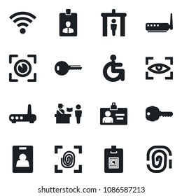 Set of vector isolated black icon - passport control vector, security gate, identity card, disabled, wireless, key, fingerprint, router, eye scan