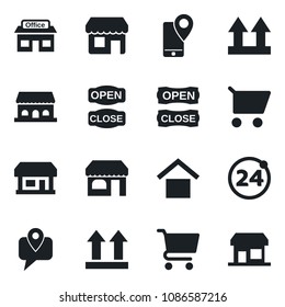 Set of vector isolated black icon - 24 around vector, shop, store, mobile tracking, warehouse storage, up side sign, cafe building, open close, cart, storefront