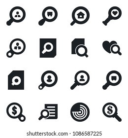 Set of vector isolated black icon - radar vector, document search, heart diagnostic, cargo, estate, client, consumer, money
