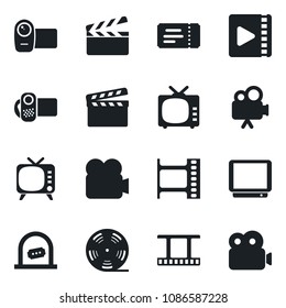Set of vector isolated black icon - ticket vector, office, clapboard, film frame, reel, tv, video camera