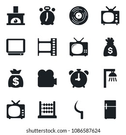 Set of vector isolated black icon - alarm clock vector, money bag, sickle, film frame, vinyl, tv, video camera, abacus, fireplace, outdoor lamp, fridge