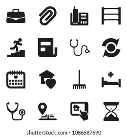 Set of vector isolated black icon - case vector, rake, stethoscope, hospital bed, medical calendar, navigation, rack, radio phone, update, paper clip, news, career ladder, sweet home, control app