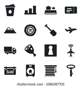 Set of vector isolated black icon - plane radar vector, baggage conveyor, female, ticket, coffee, job, stamp, car delivery, speaker, bar graph, mountains, sold signboard, ham, jalousie, tie