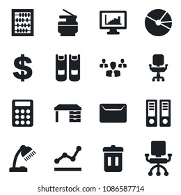 Set of vector isolated black icon - dollar sign vector, book, office binder, abacus, desk, monitor statistics, pie graph, calculator, chair, point, lamp, copier, mail, trash bin, group