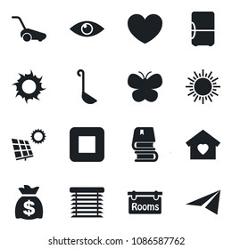 Set of vector isolated black icon - sun vector, money bag, lawn mower, butterfly, heart, eye, stop button, book, panel, rooms, sweet home, ladle, jalousie, fridge, paper plane