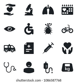 Set of vector isolated black icon - diagnosis vector, stethoscope, syringe, dropper, microscope, ambulance car, bike, disabled, heart hand, lungs, eye, medical calendar, patient, virus, heavy