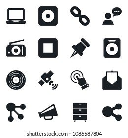 Set of vector isolated black icon - vinyl vector, archive chest, radio, satellite, loudspeaker, touch screen, speaker, laptop pc, chain, paper pin, mail, stop button, rec, social media