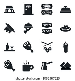 Set of vector isolated black icon - alcohol vector, serviette, reception, coffee, waiter, cafe building, candle, vip zone, open close, ham, rolling pin, turkish, sushi