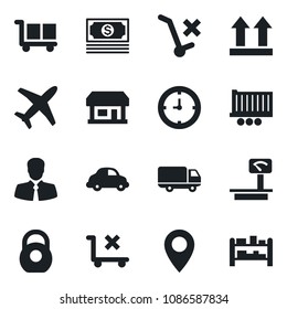 Set of vector isolated black icon - pin vector, store, plane, cash, client, truck trailer, car delivery, clock, cargo, up side sign, no trolley, heavy, scales, rack