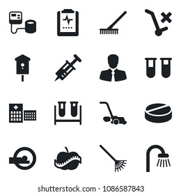 Set of vector isolated black icon - rake vector, lawn mower, bird house, syringe, blood pressure, test vial, pills, tomography, pulse clipboard, diet, hospital, client, no trolley, bathroom