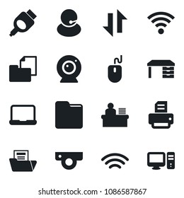 Set of vector isolated black icon - mouse vector, desk, printer, support, folder document, hdmi, data exchange, wireless, manager, notebook pc, web camera