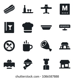 Set of vector isolated black icon - hot cup vector, spoon and fork, cook, alcohol, restaurant table, hat, wine card, menu, reserved, bacon, waiter, cafe building, ham, bowl, storefront