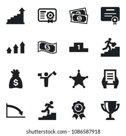 Set of vector isolated black icon - dispatcher vector, growth statistic, medal, money bag, document, cash, career ladder, police, arrow up graph, crisis, certificate, pedestal, award cup