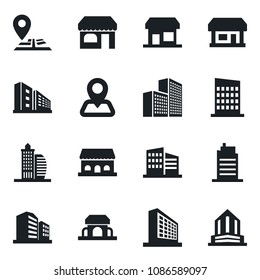 Set of vector isolated black icon - shop vector, office building, navigation, store, city house, cafe, storefront