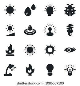 Set of vector isolated black icon - sun vector, bulb, lady bug, fire, eye, brightness, desk lamp, water, energy saving, shining head, idea